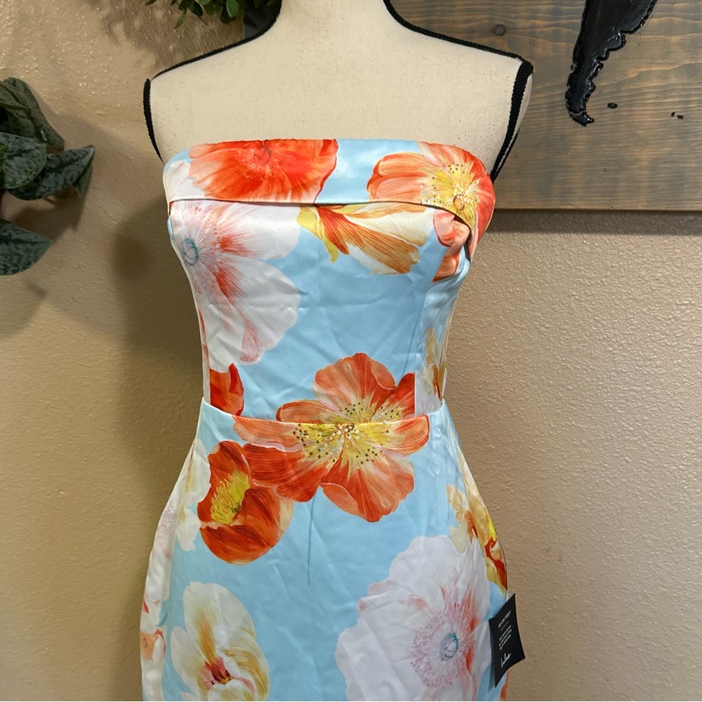 NWT 
Lulus Oriana Light Blue Floral Satin Strapless Midi Dress - Picture 2 of 9